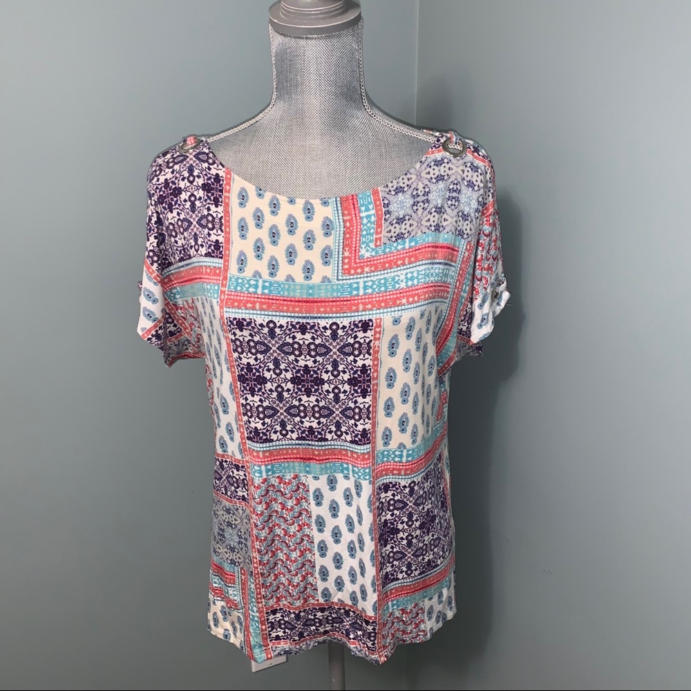 CABLE & GAGE cold shoulder patchwork paisley print shirt womens size medium